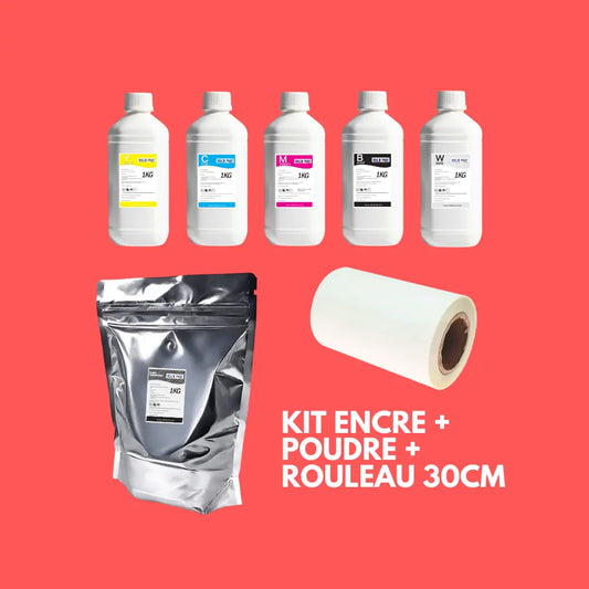 Kit complet d'impression DTF : Encre, Film 30 cm, Poudre